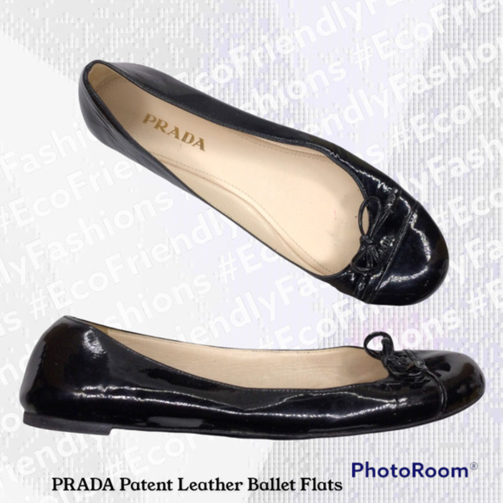 Prada Women's Patent Black Leather Ballerina Stylish Flats Almond Toe Slip On